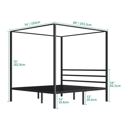 YITAHOME Metal Four Poster Canopy Bed Frame, 14 Inch Platform Bed with Built-in Headboard Strong Metal Slat Mattress Support, No Box Spring Needed, Black, King Size