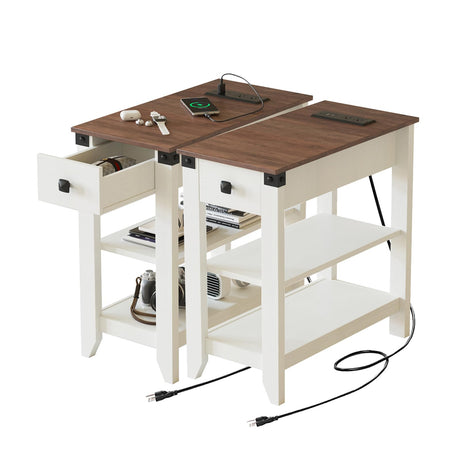 Fameill End Tables Living Room Set of 2, Narrow Side Table with Charging Station, Small Bedside Table for Small Space, Skinny Nightstand with Storage Drawer, White Fameill