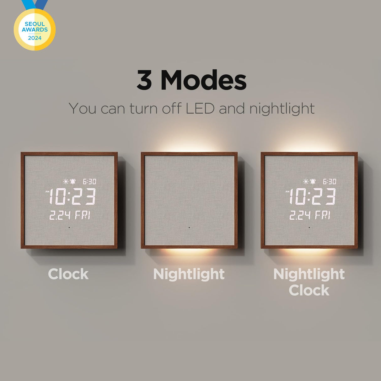 mooas Wooden Frame LED Silent Wall Clock with Remote, Backlit Nightlight, Modern Digital LED Wall Clock Display Sunrise Alarm Melody 5 Brightness for Bedroom Living Room Office Decor- Dark Wood mooas