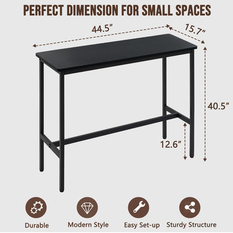 Rongbuk 44.5" Bar Table,Pub Table with Adjustable Feet Floor Protector, Narrow Rectangular Dining Table, Kitchen Counter Table, High Top MDF Table,Sofa Table with Sturdy Metal Legs,Black Rongbuk