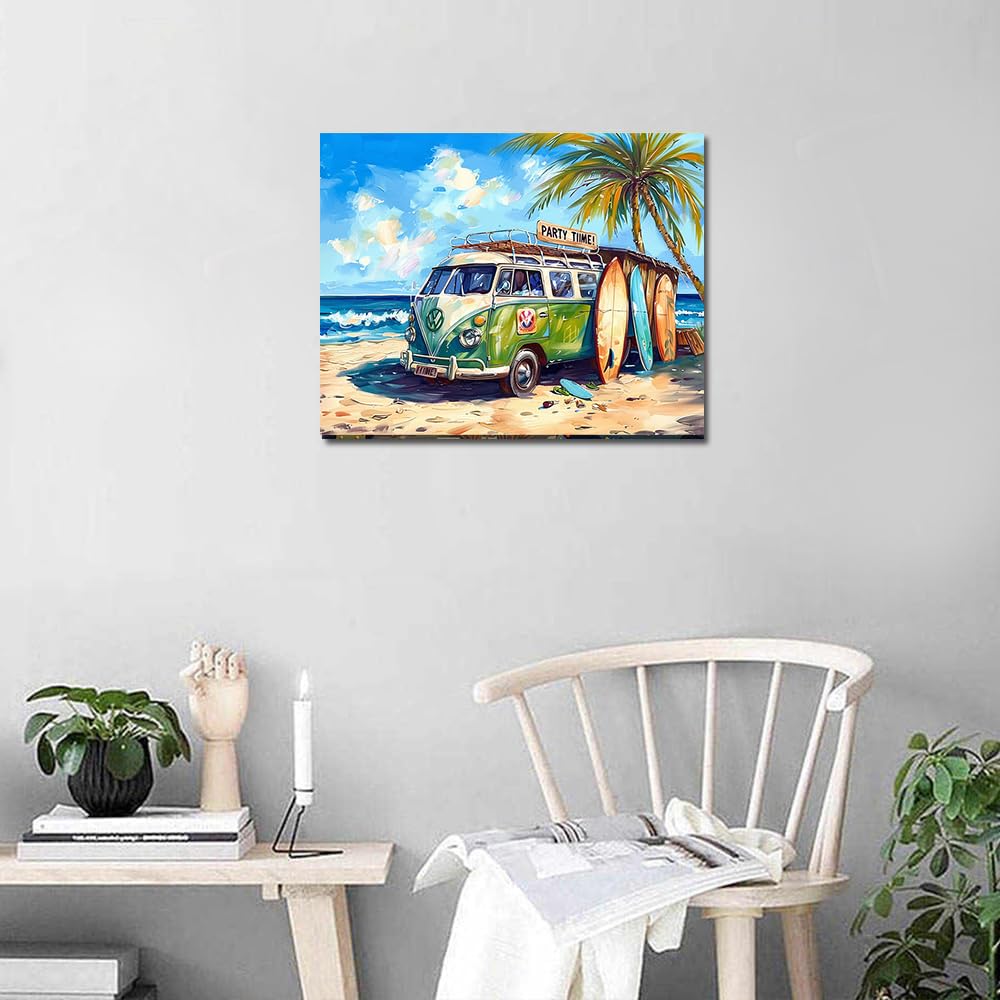 Beach Party Paint by Numbers for Adults Beginners Party Time Car Painting by Number on Canvas Without Frame,DIY Paddleboard Paint Artwork on Canvas with Brushes Acrylic Paints for Gift (16x20inch) MSTINGSHUN