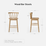 EYYTHUNG Wood Bar Stools Set of 2, 24" Barstool Farmhouse Counter Stools with Curved Back Counter Chairs for Kitchen Islands Dining Room, Natural Oak EYYTHUNG