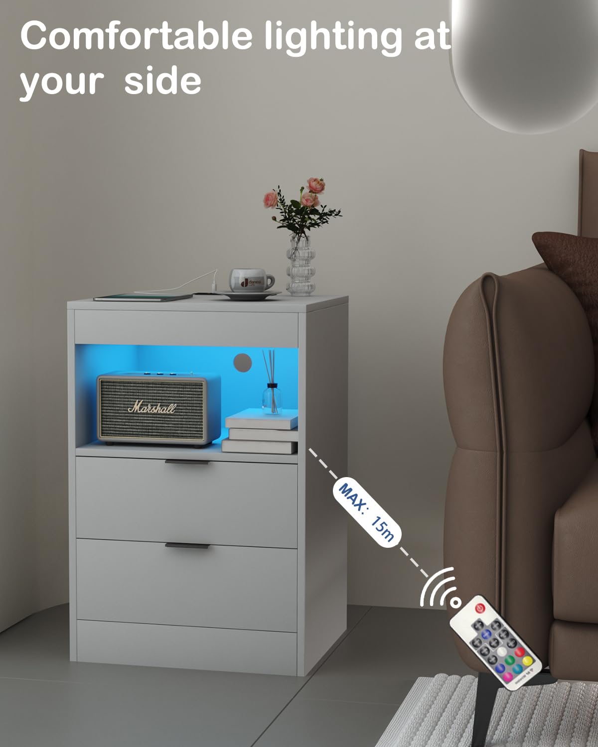 Gadroad LED Nightstand with Charging Station, Bedside Table with 3 Drawers and LED Lights, End Table Sofa Couch Side Table with Pull-Out Shelf, White Gadroad