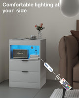 Gadroad LED Nightstand with Charging Station, Bedside Table with 3 Drawers and LED Lights, End Table Sofa Couch Side Table with Pull-Out Shelf, White Gadroad