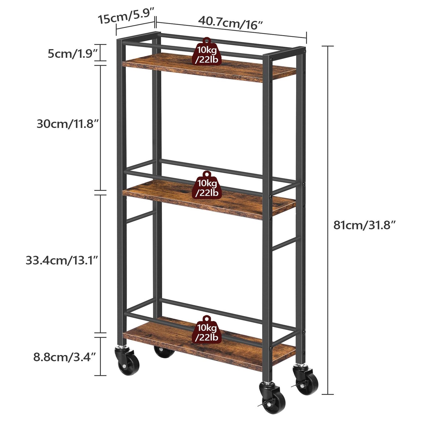 MAHANCRIS Slim Rolling Cart, Mobile Kitchen Cart on Wheels, Narrow Storage Cart for Small Space, Wooden Service Cart, for Bathroom, Laundry, Living Room, Rustic Brown RCHR1501Z - WoodArtSupply