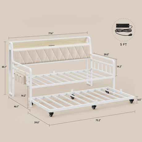 ONBRILL Twin Daybed with Trundle, Metal Day Bed Frame with Ergonomic Upholstered Headboard & Charging Station, Sofa Bed with Twin Trundle for Living Room, Bedroom, playroom, and Guest Room, White ONBRILL