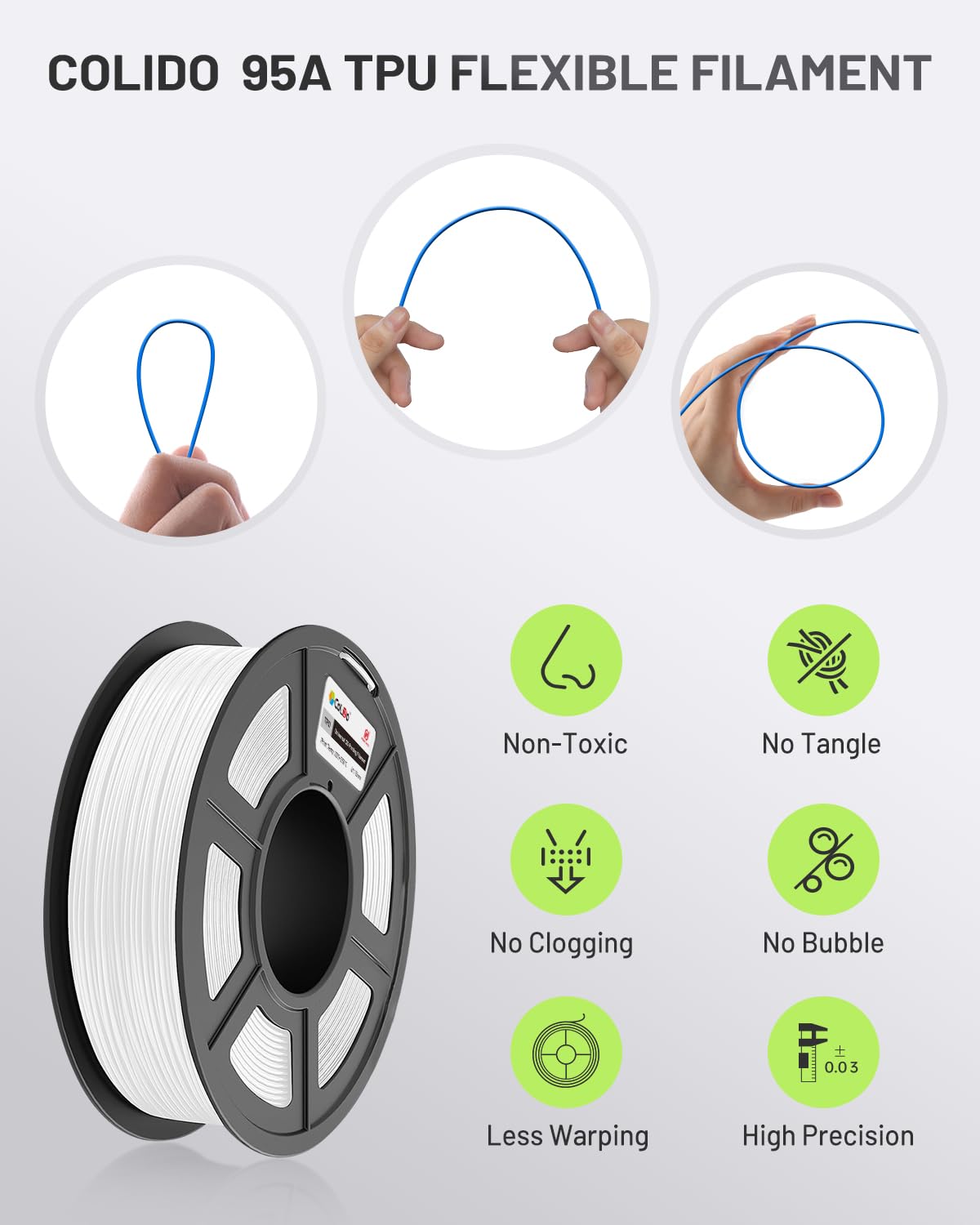 COLIDO Flexible TPU 3D Printer Filament - Shore 95A, 500G Spool, 1.75mm Diameter, Ideal for Durable and Elastic Prints(White,1-Pack) CoLiDo