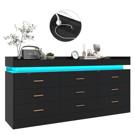 jiteentarou Drawer Dresser with Charging Station and LED Lights, Modern Chest of Drawers with Power Outlet, Organizer Cabinet for Bedroom, Living Room, Entryway(Black) jiteentarou