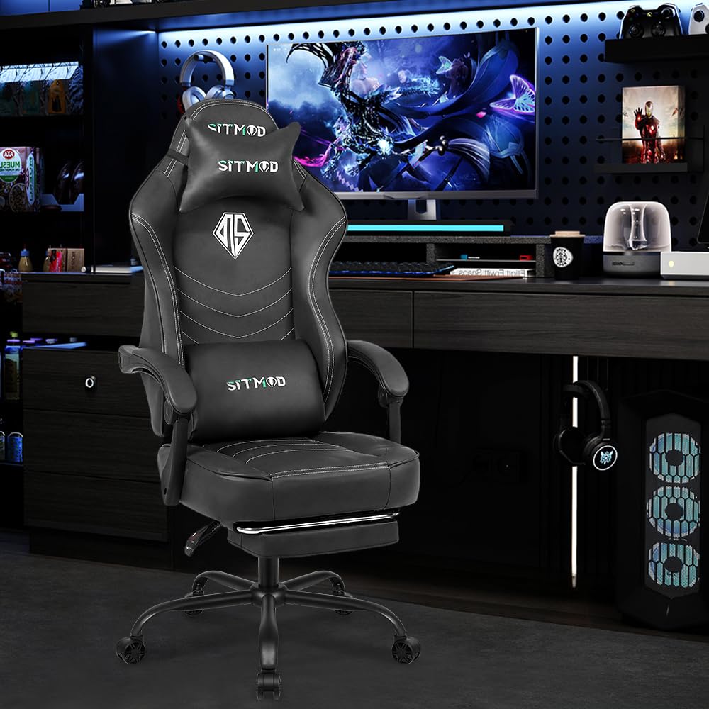 Gaming Chair for Adults, Big and Tall Gamer Chairs with Footrest and Lumbar Support, Height Adjustable Reclining Heavy Duty Computer Chair for Gaming Room, Living Room and Office