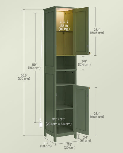 VASAGLE Tall Bathroom Cabinet with Lights, Slim Bathroom Storage Cabinet, Freestanding Narrow Cabinet with Adjustable Shelves, for Small Spaces, Modern, 11.8 Inches Wide, Forest Green UBBC566C01