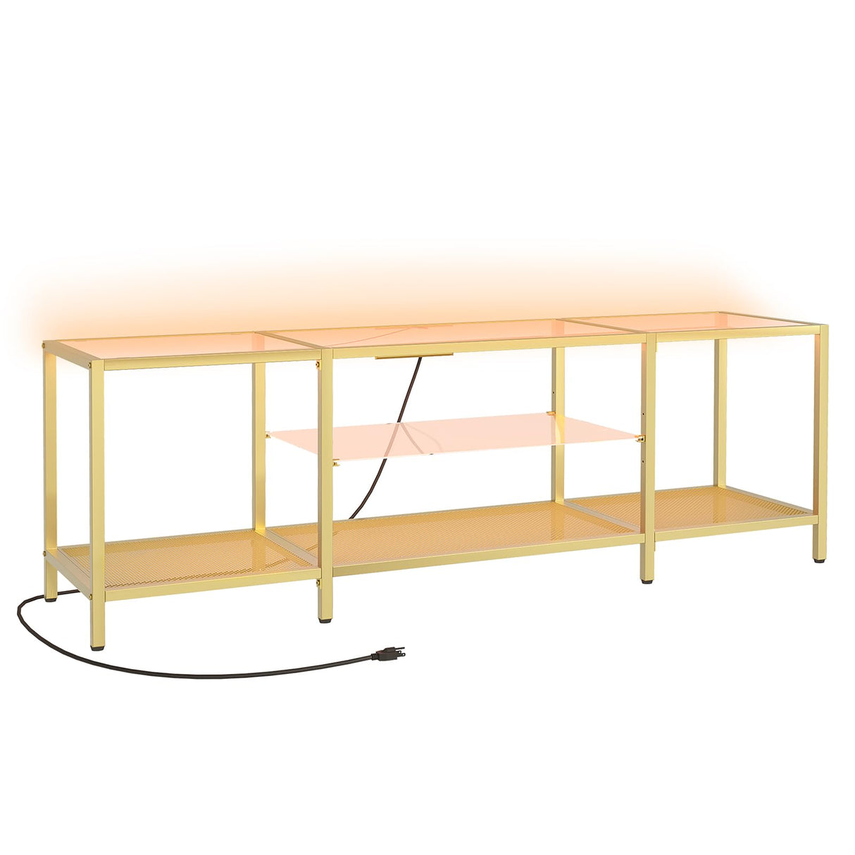 HOOBRO TV Stand with LED Lights and Power Outlets for TVs up to 75", Modern 63 Inch Tempered Glass TV Console Table with Open Shelves, Media Entertainment Center for Living Room, Gold GD165UDS01 HOOBRO