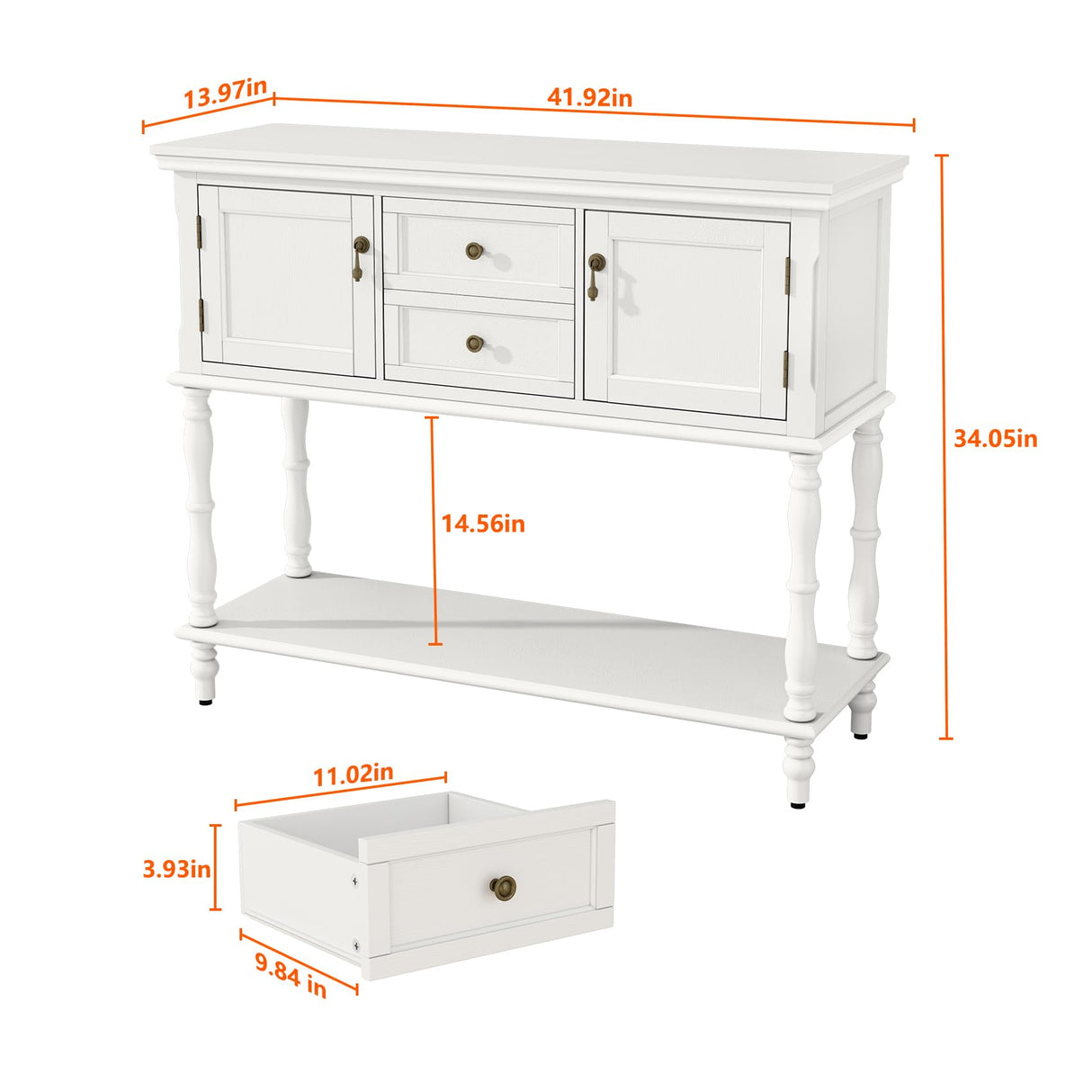 ARTPOWER Console Table with 2 Drawers, Retro Entryway Table with 2 Door Cabinets and Open Storage Shelf, Narrow Long Sofa Table, Behind Couch Table for Living Room, Foyer and Hallway, Antique White ARTPOWER