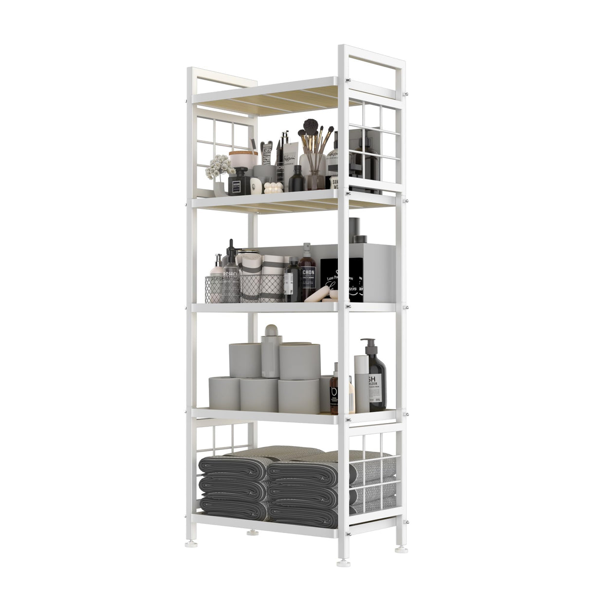 GIOTORENT 5-Tier Pantry Shelves with Wooden Boards, Heavy Duty Storage Shelves & Book Shelf, Adjustable Metal Shelving Unit for Kitchen Bathroom Laundry Organizer, Sturdy Rust-Resistant, White