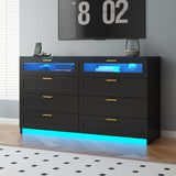 8 Drawers Dresser with Charging Station, White Dresser for Bedroom with LED Lights, Modern Chest of Drawers for Closet, Double Wide Dresser Organizer for Bedroom, Living Room, Entryway (Black) Gyfimoie