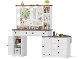 Hasuit Farmhouse Makeup Vanity Desk with Hollywood Makeup Mirror, 56.5" Large Vanity Desk with Charging Station, Vanity Table with Open Shelves & 5 Drawers & 2 Cabinets for Bedroom, Lights Adjustable Hasuit