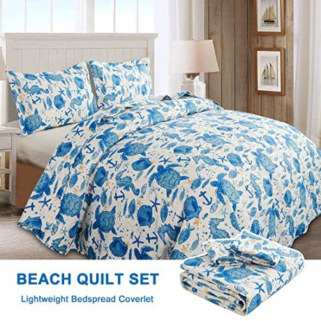 Coastal Beach Quilt Set - Queen Size Ocean Bedding Reversible Quilt Sea Turtle Blue Jessy Home