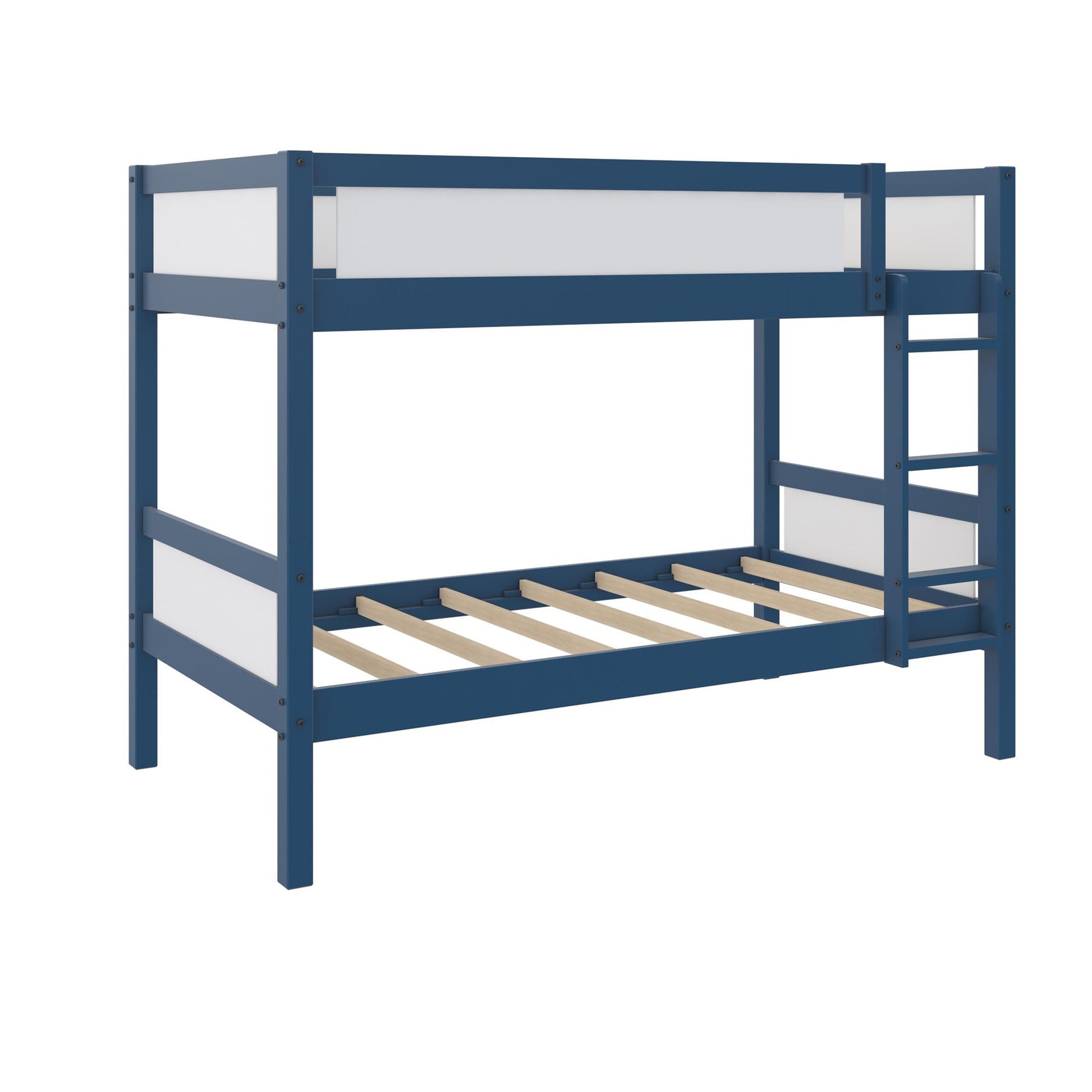 DHP Adrian Navy Blue Solid Wood Twin-Over-Twin Bunk Bed with Dry Erase Board and Underbed Storage - WoodArtSupply