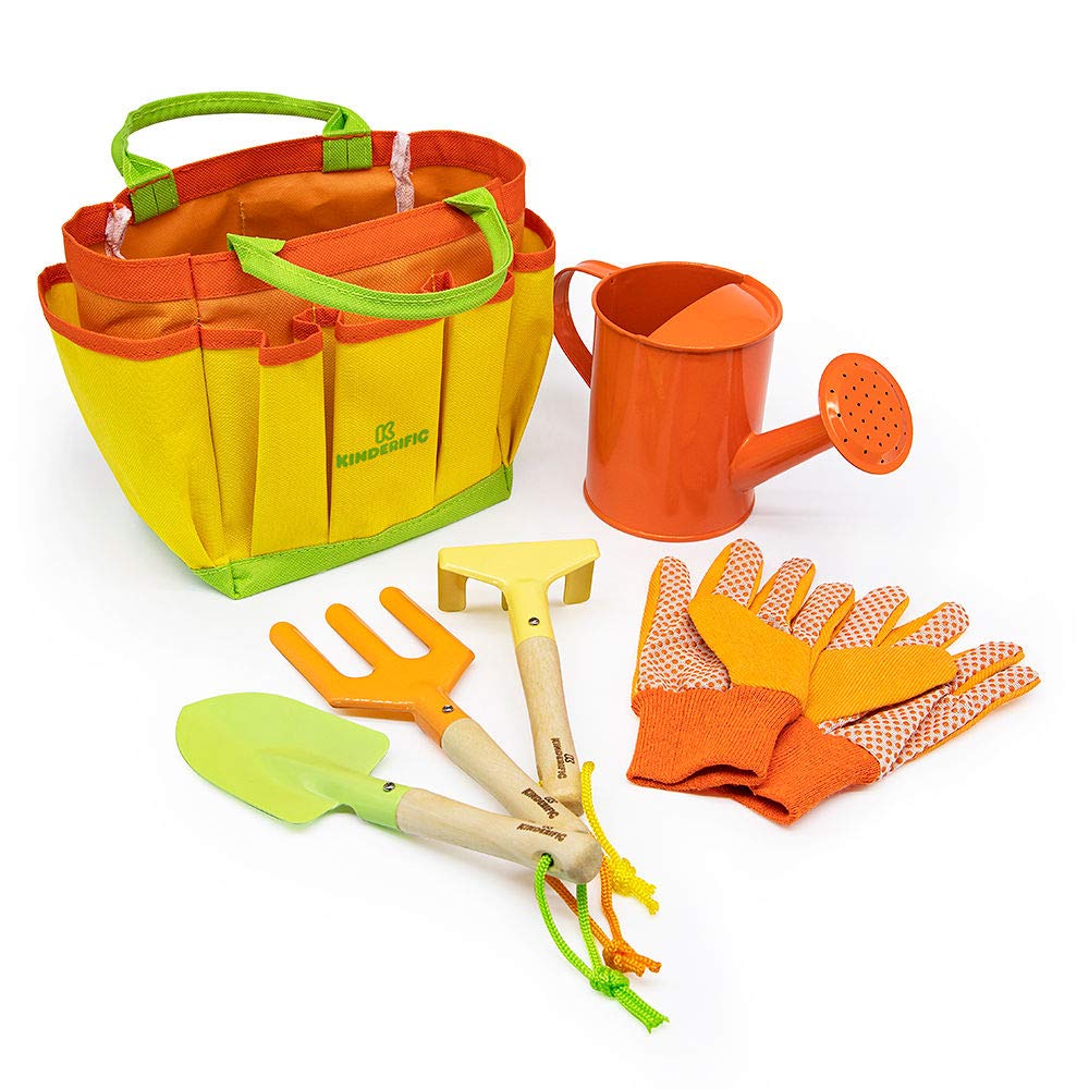 Kinderific Gardening Set, Tool Kit, for Kids, STEM, Includes Tote Bag, Spade, Watering Can, Rake, Fork, Trowel and Gloves (Sunshine) Kinderific