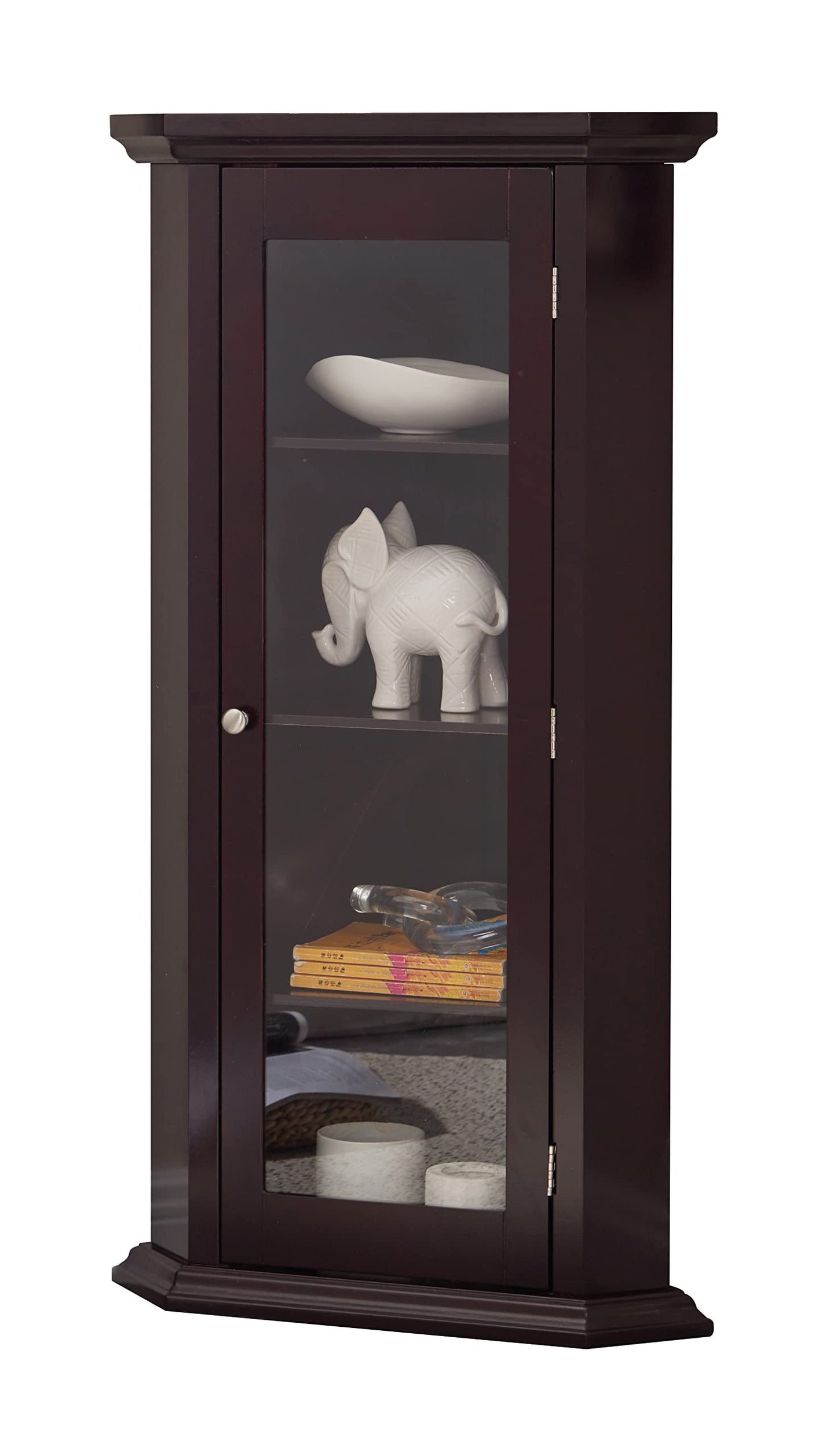 Kings Brand Furniture - Corner Curio Storage Cabinet with Glass Door, Cherry Finish - WoodArtSupply