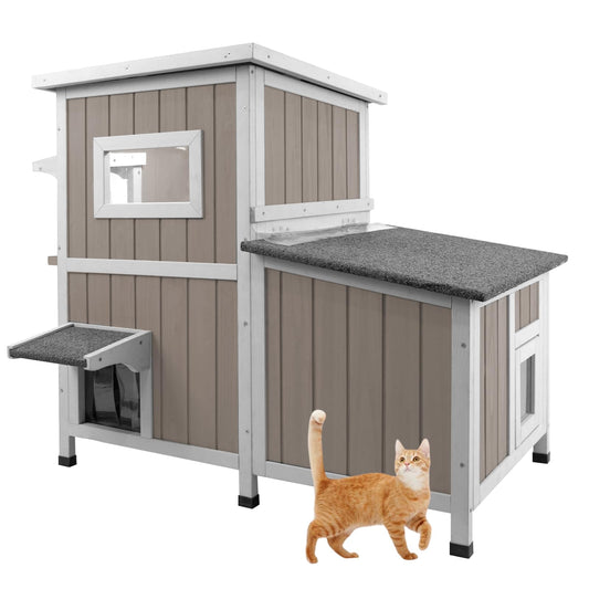 Gowoodhut 36.1" L Outdoor Cat House,2 Story Wooden Outdoor Cat Shelter with 3 Escape Doors,Weatherproof Fir Wood Feral Cat House with 2 Big Rest Room & Openable Asphalt Roof for 2-3 Cats