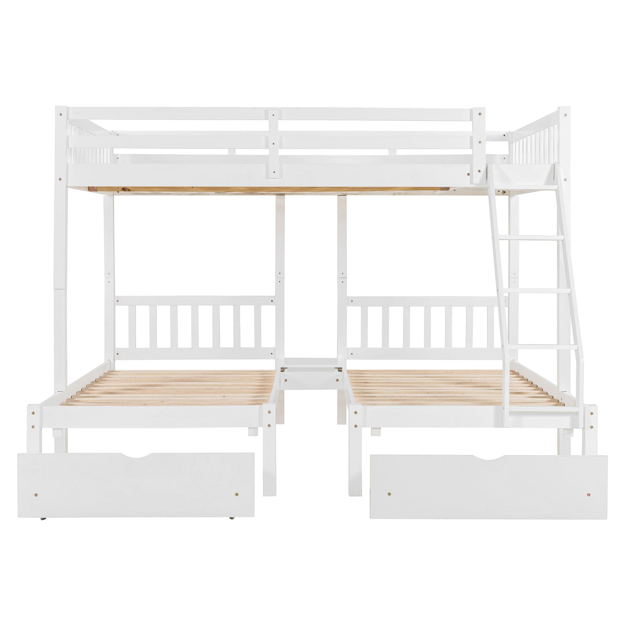 Merax Full Over Twin & Twin Bunk Bed for 3, Wooden Triple Bunk Bed with 2 Storage Drawers, Ladder and Guardrails, No Box Spring Needed, White Merax