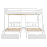 Merax Full Over Twin & Twin Bunk Bed for 3, Wooden Triple Bunk Bed with 2 Storage Drawers, Ladder and Guardrails, No Box Spring Needed, White Merax