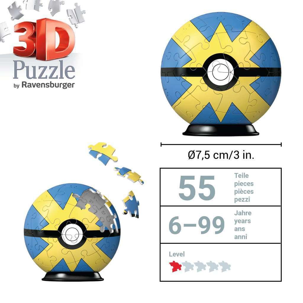 Ravensburger 3D Puzzle 11580 - Puzzle Ball Pokémon Pokéballs - Flottball - [EN] Quick Ball - for Large and Small Pokémon Fans from 6 Years Ravensburger
