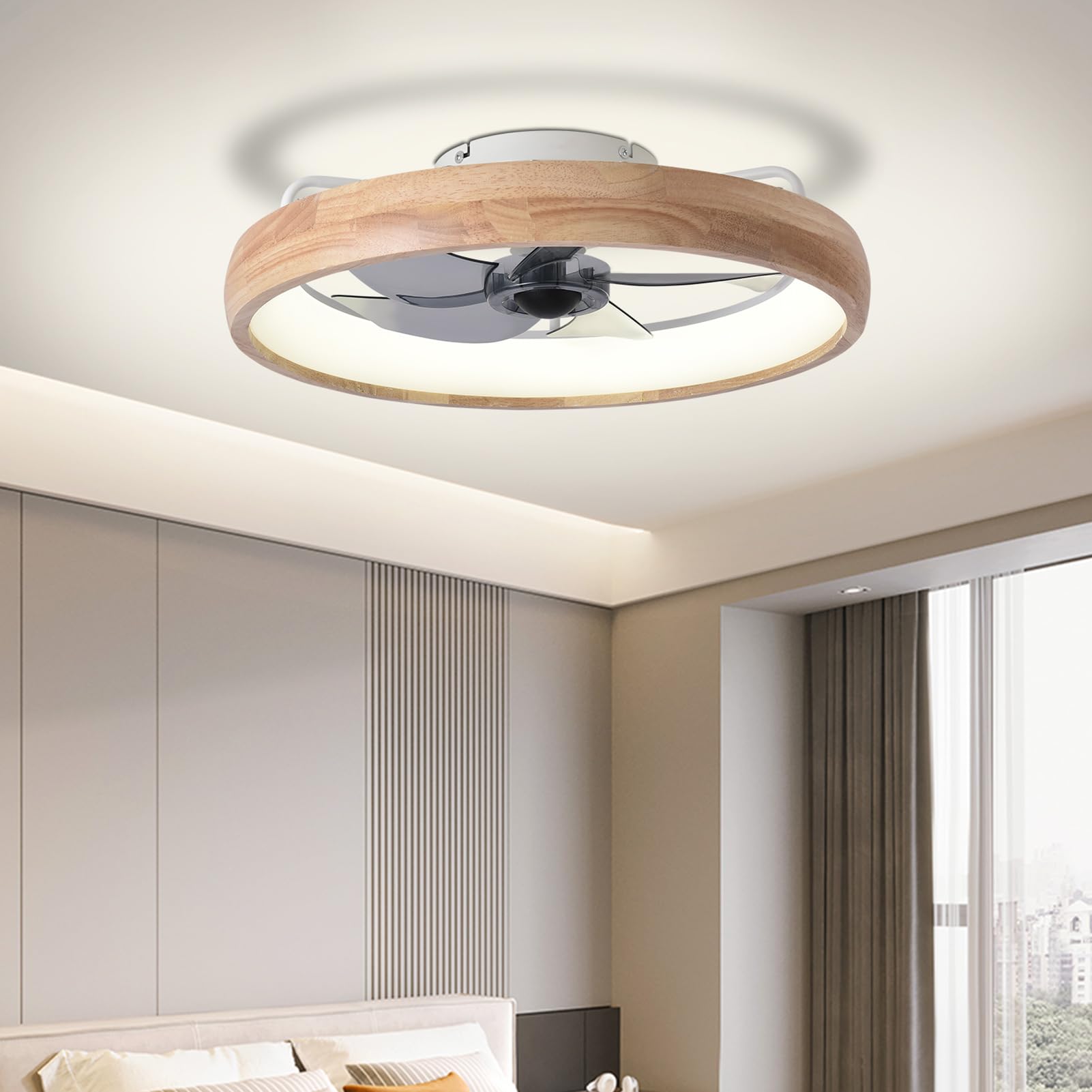 WenineStar 20” Ceiling Fan with Light, Dimmable LED Timing with Remote Control, 5 Invisible Reversible Blades Semi Flush Mount Low Profile Fan, Arc Wooden Frame - WoodArtSupply