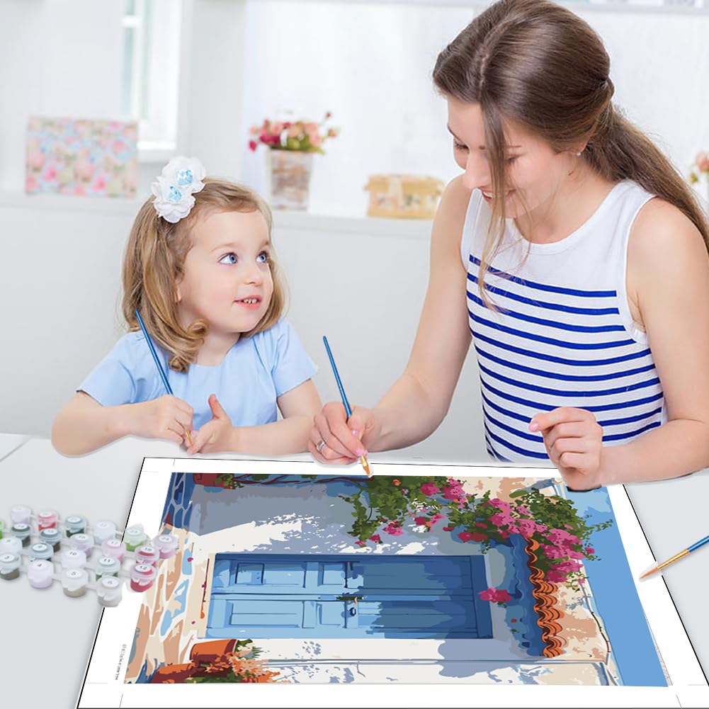 JUJUHOOD Sunset Santorini Paint by Numbers Kit for Adults,Landscape Adult Paint by Number Kits,Adult Paint by Number Canvas with Paintbrushes and Acrylic Pigment 16x20 inch JUJUHOOD