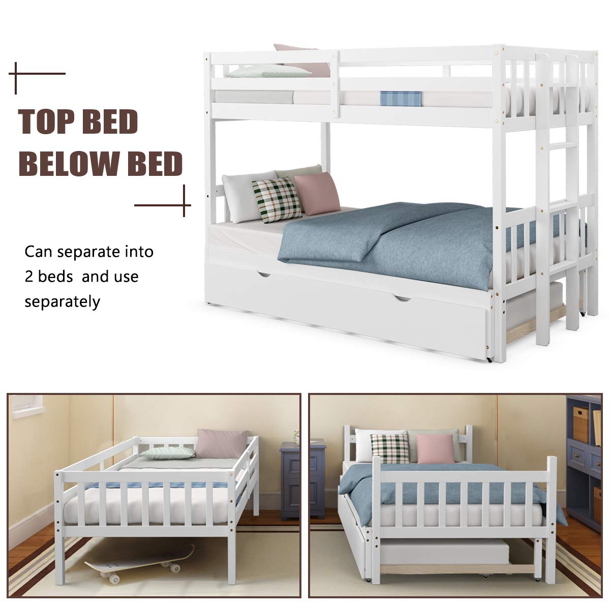 Giantex Versatile Twin Over Pull-Out Bunk Bed with Trundle - Solid Wood in White Giantex