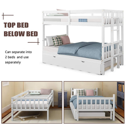 Giantex Versatile Twin Over Pull-Out Bunk Bed with Trundle - Solid Wood in White - WoodArtSupply