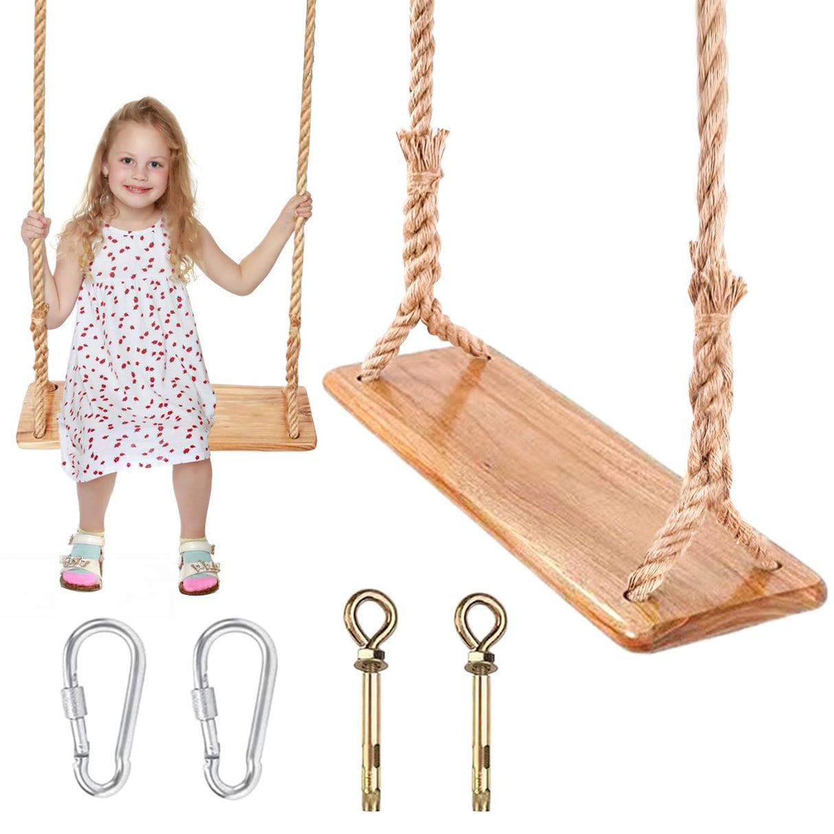 Hanging Wooden Swing, Swing Seat 19.7"x 5.1"× 1.2", Tree Swings for Adults and Kids Outdoor, Adjustable Hemp Rope Plus Tree Straps 80 inch, Kids Swing with 500lbs Load, Rope Swing, Indoor Swing Set DJMUMU