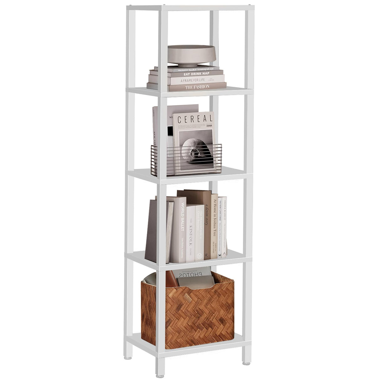 TUTOTAK Bookshelf, 5-Tier Tall Book Shelf, Narrow Bookcase for Small Space, DIY Stackable Bookshelf, for Living Room, Office, Study, Entryway, Industrial, White BS01BW005 TUTOTAK
