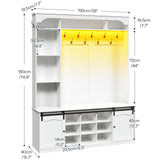 HOOBRO Hall Tree with Bench, 59" Entryway Bench with Coat Rack and Shoe Cabinet, LED Farmhouse Hall Tree with Shoe Storage, 13 Shoe Cubbies and Barn Doors, Wooden, Mud Room, White WT190DMT01 HOOBRO