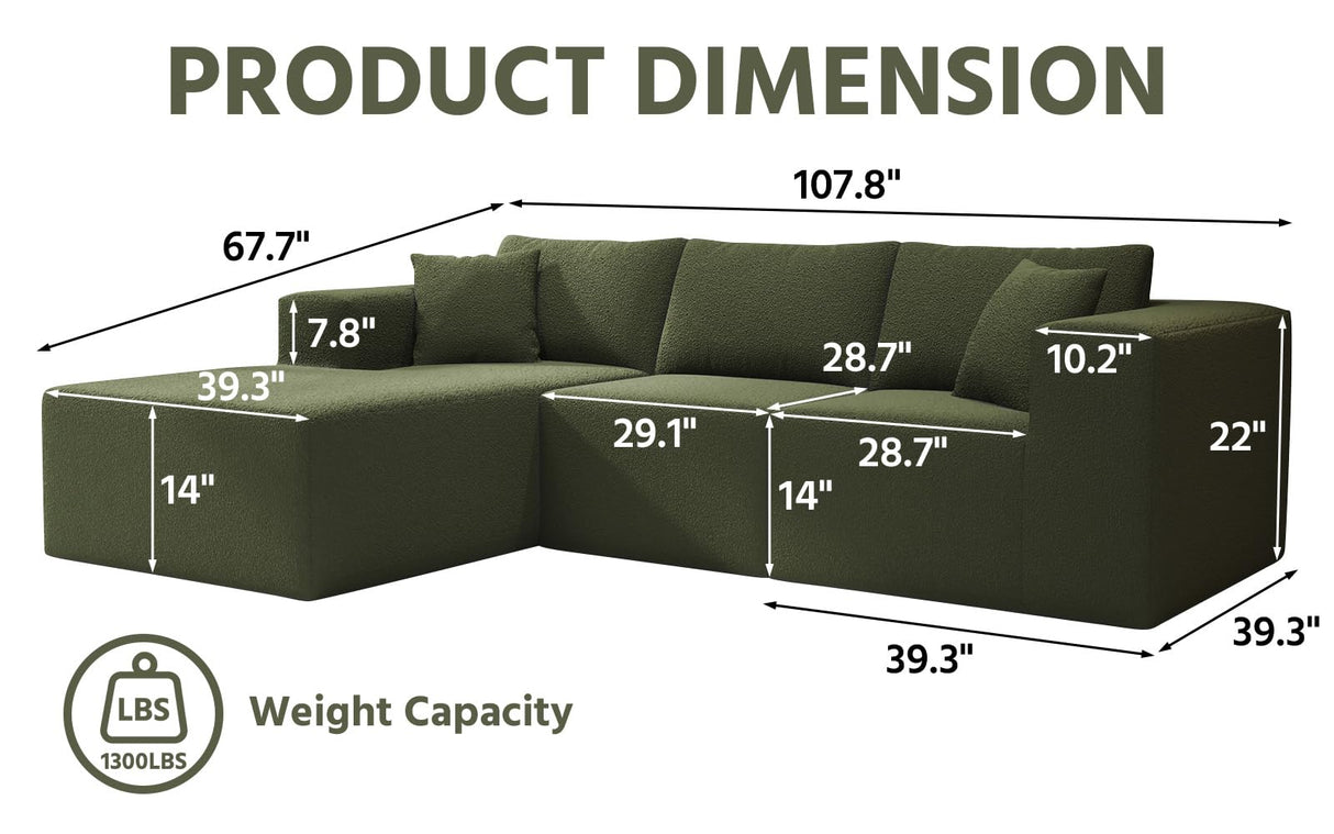 108" Cloud Sectional Couch with L-Shape Chaise,4 Seat Modern Modular Sofa with Deep Seat, Upholstered Couches for Living Room Bedroom, Sectional Boneless Couch (Green, 108"+Left Facing Chaise) SYFERLORY