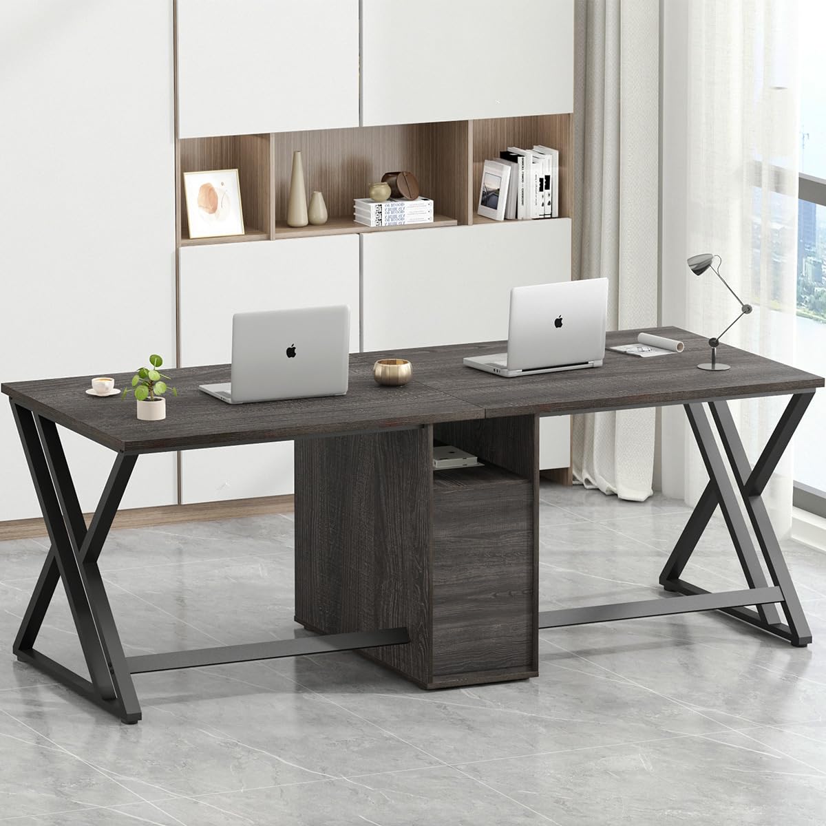 LVB Extra Long 2 Person Desk, Large Rustic Computer Desk with File Drawer, Industrial Wood Double Desk with Storage Cabinet Shelf, Modern PC Writing Study Work Dual Executive Office Desk, Gray, 79 in LVB