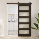 BARNSMITH 30in x 84in Glass Barn Door with 5FT Sliding Door Hardware Kit Included & Handle,5-Panel Frosted Glass Solid Wood Slab with Water-Proof PVC Surface,Pre-Drilled Easy Assembly,Brown BARNSMITH