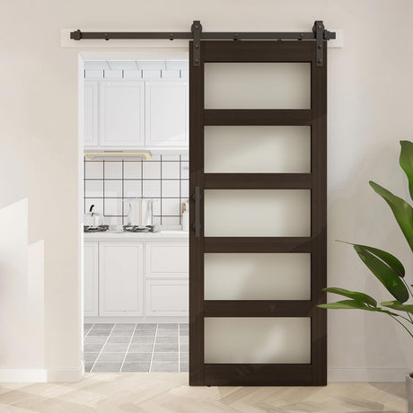 BARNSMITH 30in x 84in Glass Barn Door with 5FT Sliding Door Hardware Kit Included & Handle,5-Panel Frosted Glass Solid Wood Slab with Water-Proof PVC Surface,Pre-Drilled Easy Assembly,Brown BARNSMITH