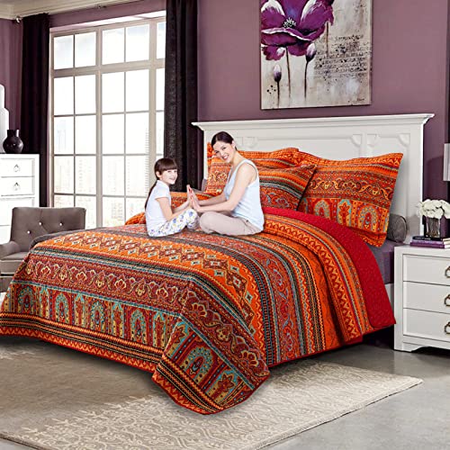 VAPUTAR Cotton Quilt King Size Bedding Set - 3 Pieces King Quilt Bedding Set, Boho King Size Quilts, Lightweight Reversible Coverlets Bedspreads for Farmhouse Bedroom (Red/Orange) VAPUTAR