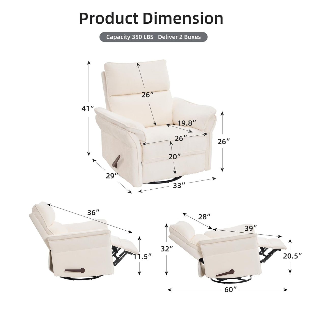 Rhevoy Oversized Recliner Chair, 26" Extra Wide 360° Swivel Rocker Recliner with Adjustable Headrest, Chenille Glider Rocking Nursery Chair with Overstuffed Armrest, Lumbar Support, White Rhevoy