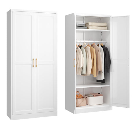 SteeLoong Metal Wardrobe Cabinet with Hanging Rod, 71" Tall Armoire Wardrobe Closet with 2 Doors and Adjustable Shelves, White Clothing Storage Cabinets for Bedroom, Laundry Room, Cloak Room SteeLoong