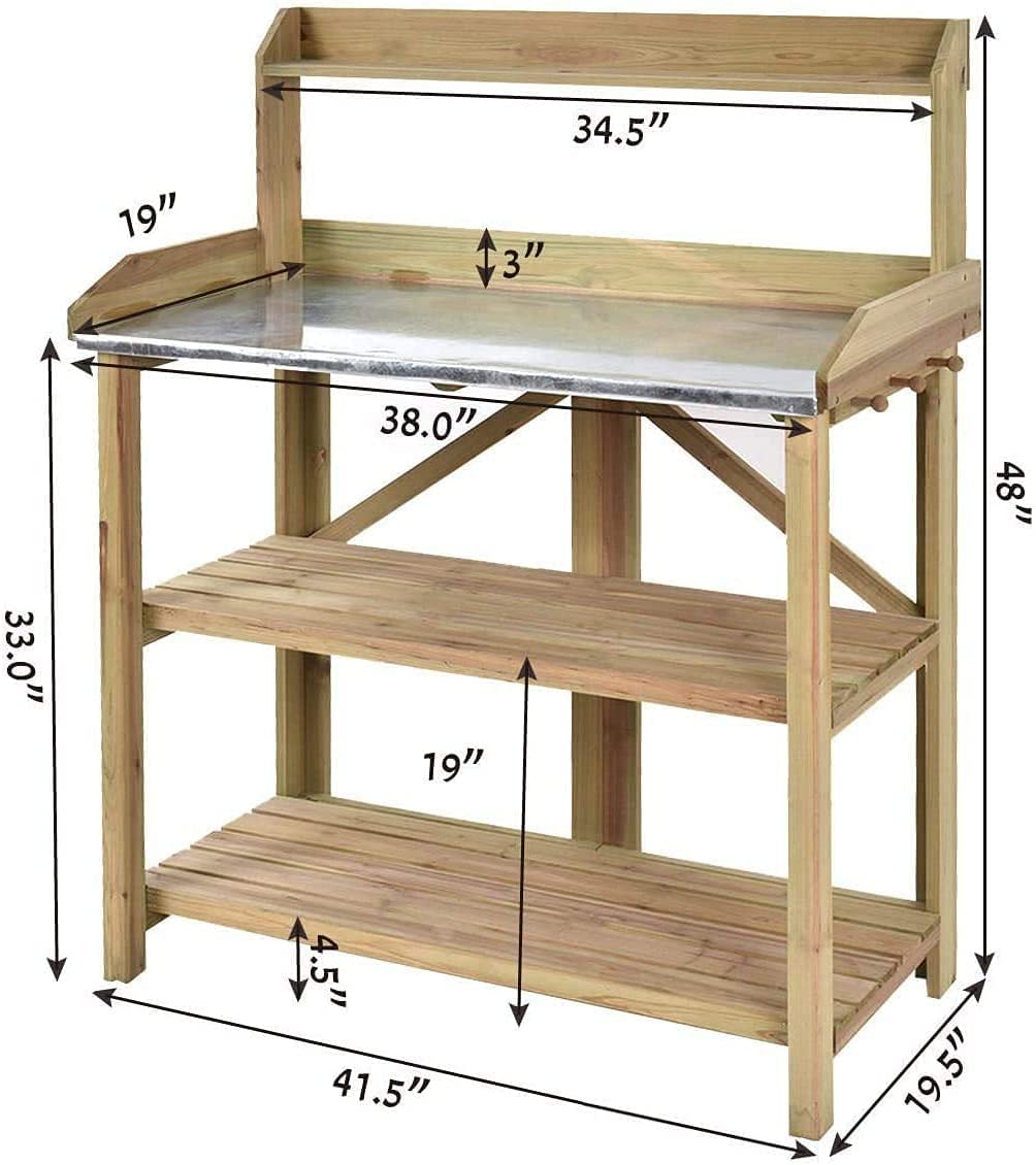 OFFICEJOY Potting Bench, Outdoor Garden Work Station Table w/Galvanized Tabletop, 2 Lower Shelf, 3 Wood Hooks, Plant Flower Pot Workstation Bench Table for Backyard, Balcony, Patio, Yard (Light Oak) OFFICEJOY