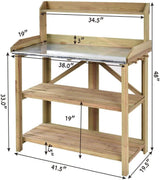 OFFICEJOY Potting Bench, Outdoor Garden Work Station Table w/Galvanized Tabletop, 2 Lower Shelf, 3 Wood Hooks, Plant Flower Pot Workstation Bench Table for Backyard, Balcony, Patio, Yard (Light Oak) OFFICEJOY