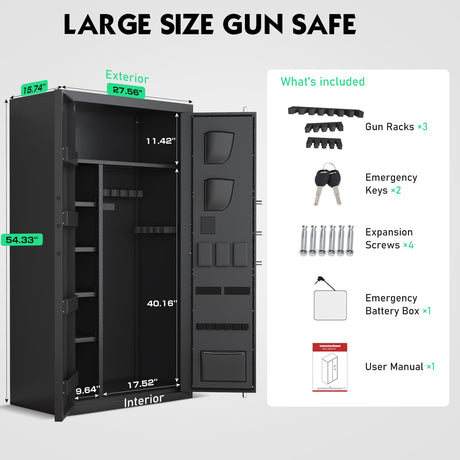 Luzfuego 30-40 Gun Safe, 54" Biometric Gun Safe for Rifles and Shotguns, Large Gun Cabinet for Rifles and Pistols with LCD Keypad & Adjustbale Shelves, Unassembled Rifle Safe for Home Luzfuego