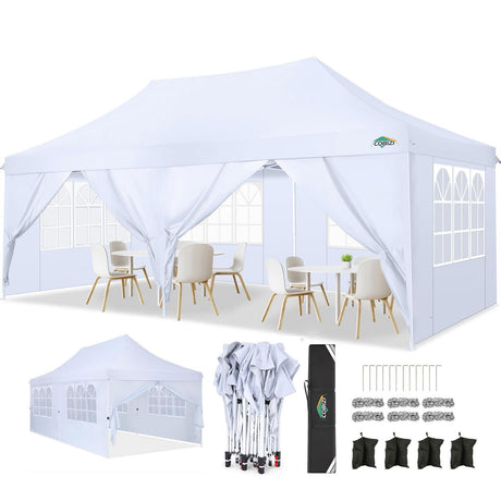 COBIZI 10x20 Pop Up Canopy with 6 Sidewalls,Waterproof Instant Party Tents for Weddings & Parties, Easy Up Commercial Canopy Tent,UPF 50+ UV Protection, 3-Height Adjustable Frame & 4 Sandbags (White) COBIZI