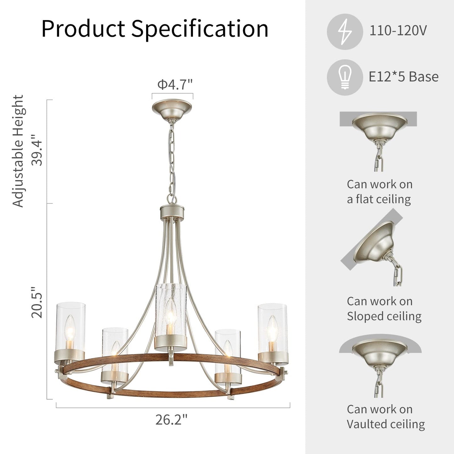 WUZUPS 5-Light Wagon Wheel Chandelier Rustic Farmhouse Industrial Round Pendant Light Fixture with Clear Seeded Glass Shades for Dining Room Kitchen Island, Imitation Wood Grain Nickel