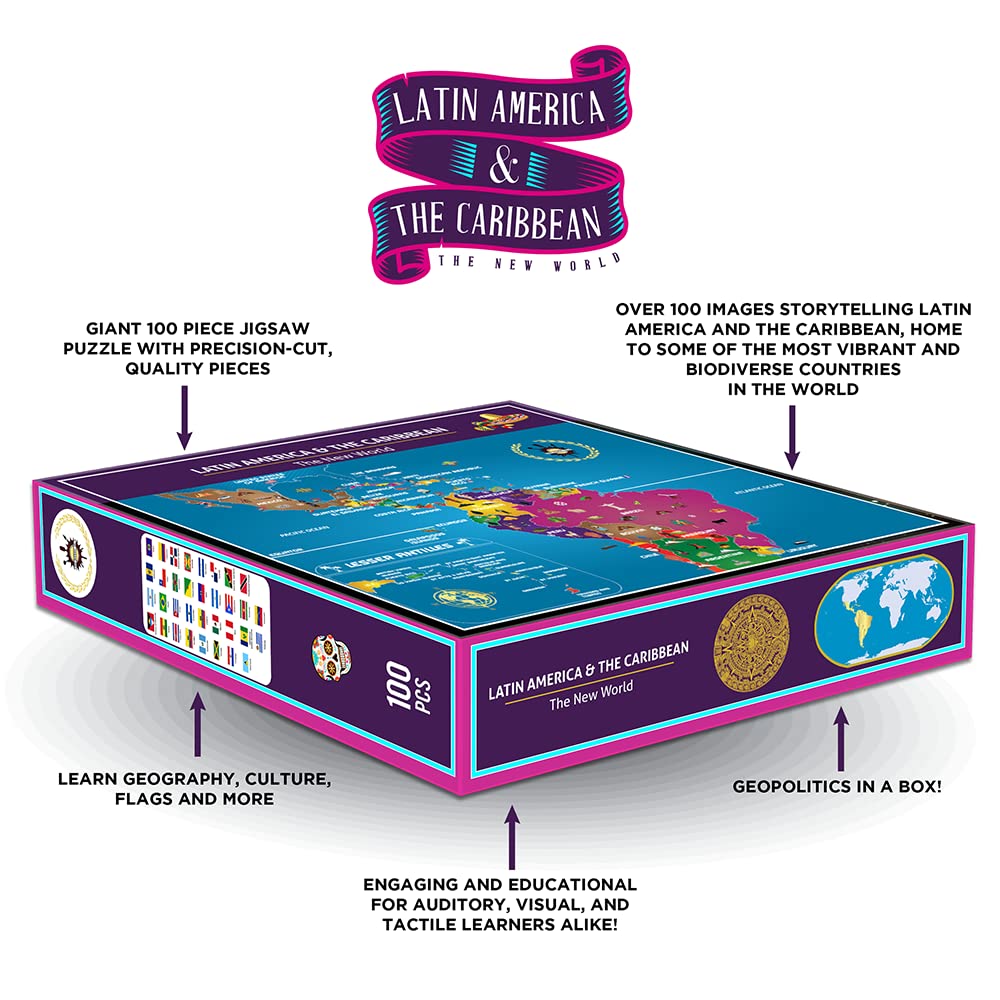 Latin America & Caribbean Map Puzzle – Map of South America – Jigsaw Puzzle-Educational History – 100 Piece Puzzles –The New World Continent – Mexico | Brazil | Chile | Peru | Colombia | South America THE BANTU SUN