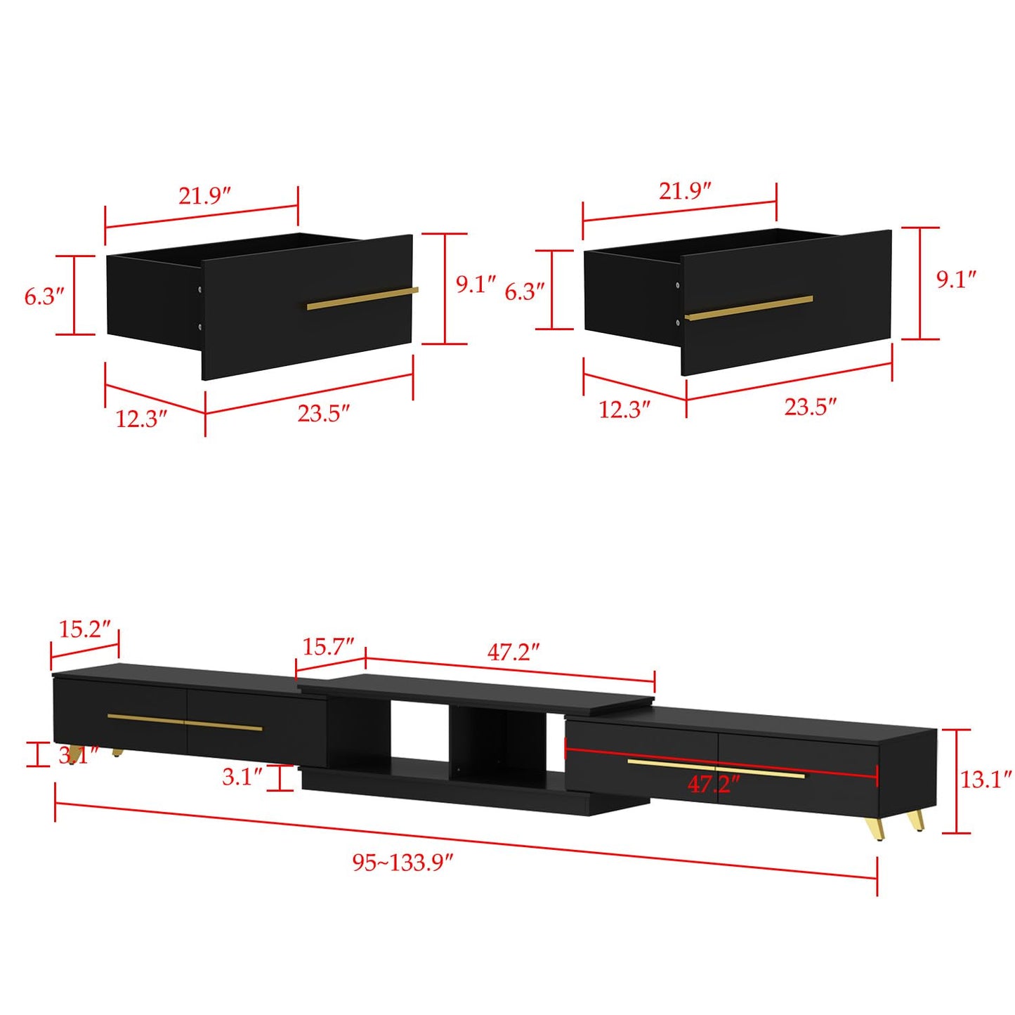 AIEGLE Deformable TV Stand with 4 Drawers, Modern Extendable TV Stand in Stretch for TVs up to 120", Wood Gaming Entertainment Center Media Stand with Adjustable Width, Black (Wide 95"-134")