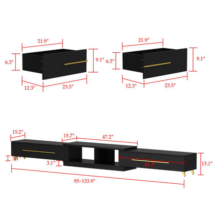 AIEGLE Deformable TV Stand with 4 Drawers, Modern Extendable TV Stand in Stretch for TVs up to 120", Wood Gaming Entertainment Center Media Stand with Adjustable Width, Black (Wide 95"-134")