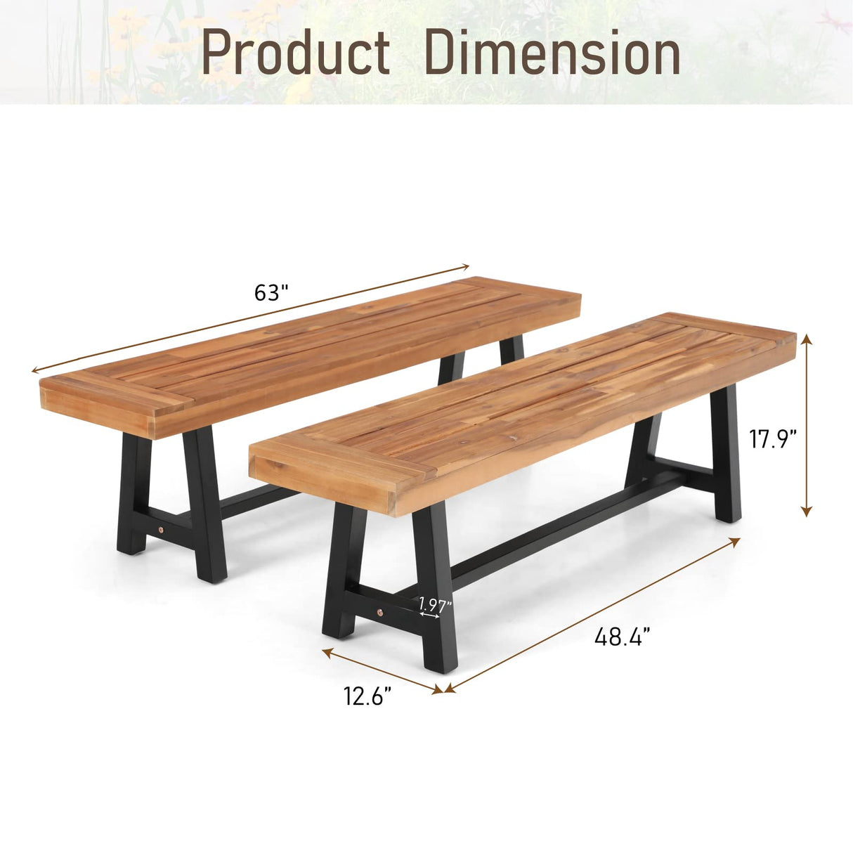 MFSTUDIO Outdoor Patio Bench Set of 2 Acacia Wood 63" Long Rectangular Dining Picni Benches for Backyard, Garden, Lawn, Porch MFSTUDIO
